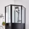 Cabine de douche Atelier, 1/4 de cercle, en aluminium laqué noir, 100x100, hauteur sous pomme 210, 699 euros. Leroy Merlin.