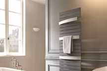 Sèche-serviettes eau chaude, électrique et mixte, largeur 60cm, hauteur 135,7 et 165,7cm, 750 à 1100W. "Arborescence Smart", Finimetal, à partir de 880 euros.