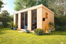 Abri de jardin Décor Home, studio de jardin semi-habitable tout compris. En pin et panneaux ESB pour la toiture, porte double et fenêtres en PVC gris-anthracite avec double vitrage. Structure à poser sur une dalle plane de niveau, à partir de 6249 euros. Leroy Merlin.