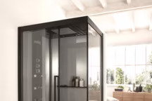 Cabine de douche hydromassante en verre, dimensions : 120 x 90 x 218 cm (+7 cm si réhausse), 1 porte coulissante sur roulettes, fermeture magnétique : Oui, portes déclipsable : Oui, finition des profilés noir mat, mitigeur : 4 voies thermostatiques, équipement : Buse cascade, pomme de douche XL, cabine hydro : Oui (6 buses hydromassantes), forme du receveur rectangulaire, matière du receveur acrylique, colonne de douche intégrée, matière colonne de douche verre, sol en caillebotis thermoplastique imputrescible, coiffe acrylique, un siège, rangement intégré avec tablette, garantie : 2 ans, 1549 euros, Castorama.