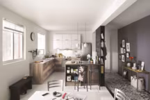 Les façades de cette petite cuisine imitent la bois à la perfection mais à un prix tout doux. Idéale pour les petites surfaces, elle regorge d'astuces pour optimiser l'espace comme le plan de travail escamotable,la table extractible ou la hotte intégrée dans le meuble haut. Modèle Vega, finition Winoka. Portes en panneau de particules mélaminé structuré. Disponible en 11 coloris. Prix de l'implantation type : 1 786 euros. Cuisinella.