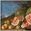 Luis Egidio Meléndez, Nature morte avec pastèques et pommes dans un paysage, 1771. Huile sur toile, H. 62 x L. 84 cm, Madrid, Museo Nacional del Prado.