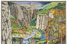 Rivendell, d'après une aquarelle originale de J.R.R Tolkien pour The Hobbit (1937). Ce tissage de 3,2 x 3,2 m a demandé quatre mois de travail à l'Atelier Françoise Vernaudon à Aubusson.