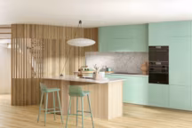 Plus d'info : cuisine Sir Gabriel, façades en mélaminé, veinage bois vertical, épaisseur 19 mm, 6852 euros (prix selon configuration type), Cuisine Plus.