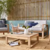 Plus d'info : salon bas de jardin Solaris, en bois d'acacia, Naterial, 4 personnes, 569 euros, Leroy Merlin.