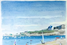 Sur la plage, 100 x 100 cm (détail). Vacances dans les Côtes d'Armor, silhouettes animées, bateaux prêts à prendre le vent, falaise aux maisons typiques, une scène en apparence idyllique...