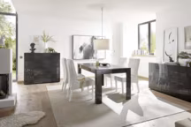 Ultra-design, cette salle à manger gris laqué brillant intègre d'originales sérigraphies. Salle à manger complète Evira II. Matelpro.