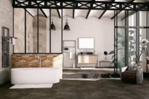 Un esprit loft pour une salle de bain avec de beaux volumes.