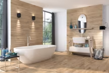 Une impression de bois pour une salle de bains chaleureuse.